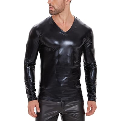 Faxu Leder Tops Mannen V-hals Lange Mouw T-shirts Pullovers Herfst Winter Lakleer Hoodie Mannen Cool Motorjack 4XL black