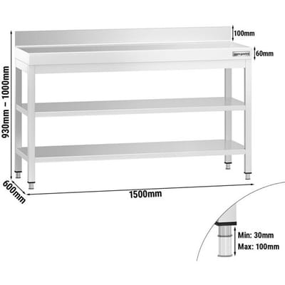 GGM Gastro Edelstahl Arbeitstisch PREMIUM - 1500x600mm - mit Grundboden, Aufkantung & Zwischenboden Zilver