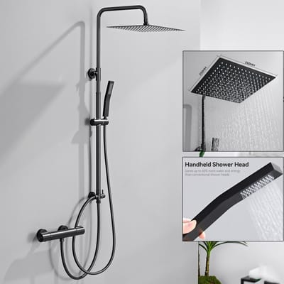 Auralum Max Douchesysteem - Regendouche Ø 25 cm - Met Vierkant Handdouche - Zwart Doucheset - Verstelbare Hoogte 72-110 cm - Regendoucheset - Waterbesparend - Matte Zwart