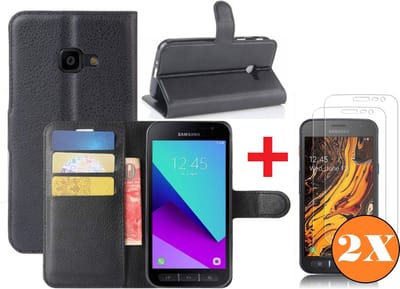 Hoesje geschikt voor Samsung Galaxy Xcover 4 hoesje Zwart pasjeshouder telefoon hoes - Met screenprotector tempered glass voor Galaxy Xcover 4 - 2x