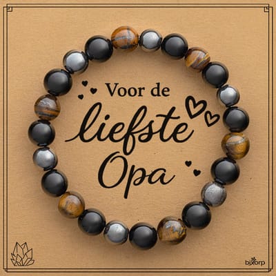 Bixorp Tijgeroog + Onyx + Hematiet Armband op Cadeau Kaartje - Voor de Liefste Opa - 8mm / 18cm Edelsteen Kralenarmband - Inclusief Cadeau Envelop