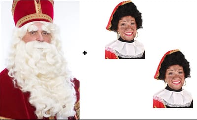 TV Baardstel Sint deluxe + 2x Pieten pruik luxe zwart verstelbare kap - Sint en Piet Sinterklaas feest baard thema feest party evenement feest