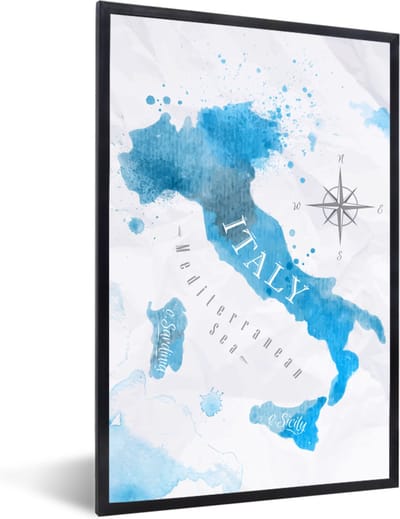 Poster in lijst - Fotolijst 80x120 cm - Posters - Wereldkaart - Blauw - Italië - Posterlijst zwart - Decoratie - Wanddecoratie woonkamer - Muurdecoratie slaapkamer