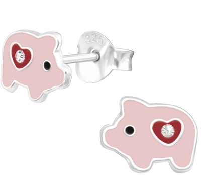 Joy|S - Zilveren varken oorbellen - roze met rood hartje - varkentje kinderoorbellen