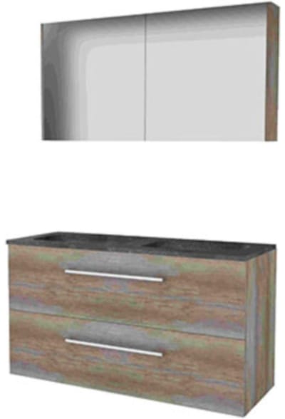 Basic-Line Comfort 46 Badkamermeubelset - 120 x 46 cm - Met Grepen - 2 Lades - Hardstenen Wastafel - 2 Kraangaten - Spiegelkast - Scotch Oak