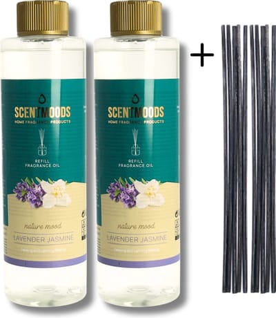 Scentmoods Geurstokjes Navulling Lavendel Jasmijn Set van 2 + 12 Geurstokjes - Geurverspreider - Luchtverfrisser - Huisparfum - 400ml x 2