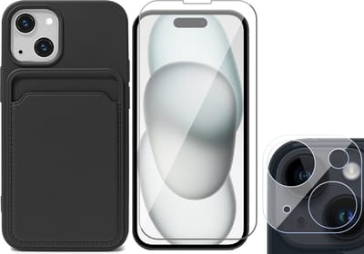 Hoesje Pasjeshouder geschikt voor iPhone 15 - Screenprotector GlassGuard + Camera Lens Screen Protector - Siliconen Case Back Cover Zwart