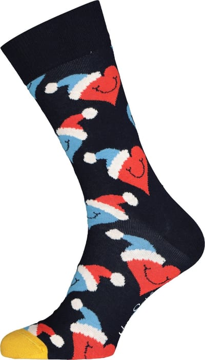 Happy Socks Santa Love Smiley Sock - blauw met harten - Unisex - Maat: 36 - 40