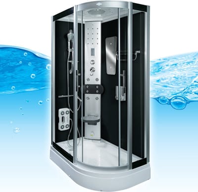Complete Gesloten Douchecabine 120X80X215 Fiona RECHTS. MENGKRAAN. Luxe, Kit-Vrij, Zwarte, Veiligheidsglas, LED, Radio, Speakers, Zitje, Massage, Hoekmodel, Kwartrond, Schuifdeuren, Douchebak, Afvoer, Sifon, Full Options. Royal Sanitair