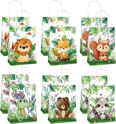 Jungle Dieren Cadeautassen van Papier met Handvat voor Kinderfeestjes en Themafeesten, Set van 12 Stuks