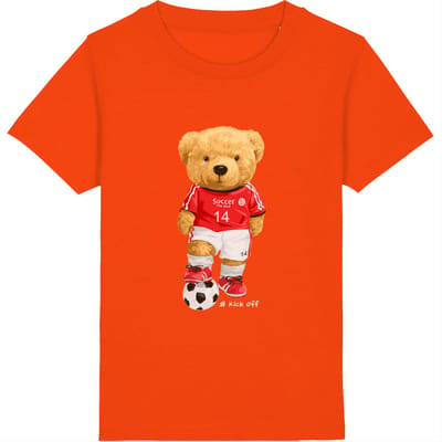 Jongens Meisjes T Shirt - Beer met Voetbal - Oranje - Maat 104