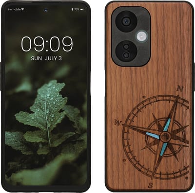 kwmobile telefoonhoesje geschikt voorOnePlus Nord CE 3 Lite 5G / Nord N30 5G - Hoesje met bumper - hout - In donkerbruin Parelmoer kompas design