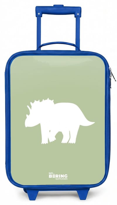 NoBoringSuitcases.com® - Kinderkoffer blauw - Kindertrolley jongen - Groen met Triceratops dino - Koffer kind lichtgewicht - Reiskoffer trolley voor kinderen - Koffertje met lichtgevende wieltjes - Rolkoffer
