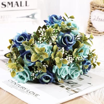 Kunstbloemen-Nepbloemen-Zijden Boeket-6 Pioenroos bloem –34cm hoog - doe-het-zelf boeket – DIY –Bruiloft-Decoratie–Extra 2m led-Blauw-2stuks