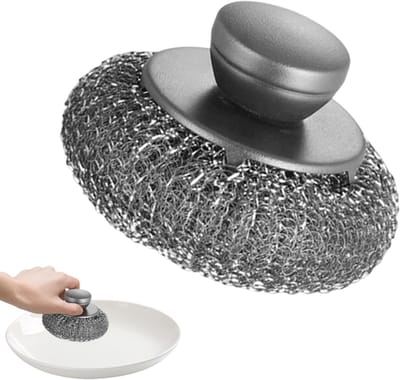 Roestvrijstalen Schrobpad - Grillreiniger Pottenborstel - Keuken Reinigen - Ergonomisch Ontwerp - 9 x 65 cm - Grijs