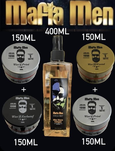 5 Pack- Haarwax Mix Mafia Men 600ml + Aftershave Cologne Exclusief 400ml -Wax 6 Privé - wax 8 Exclusief - wax 10 Wanted 600 ml