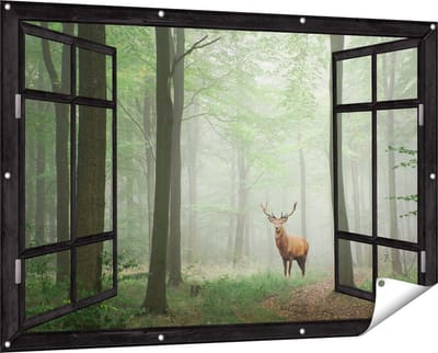 Gards Tuinposter Doorkijk Hert in Bos - 150x100 cm - Tuindoek - Tuindecoratie - Wanddecoratie buiten - Tuinschilderij