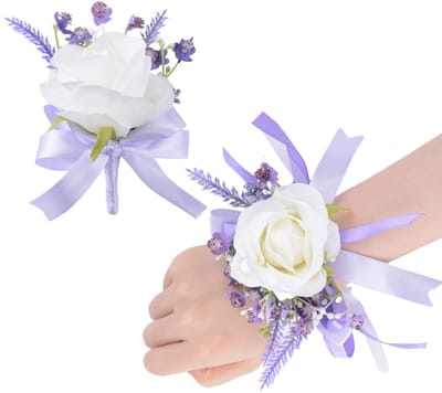 Dailygoods- Corsage set 2 stuks - Kunstmatige pols bloem - Witte roos met paars lint - Bruidsfeest/afstudeerbal - Elegant ontwerp - Afmetingen 12 cm x 14 cm - Bloemstuk