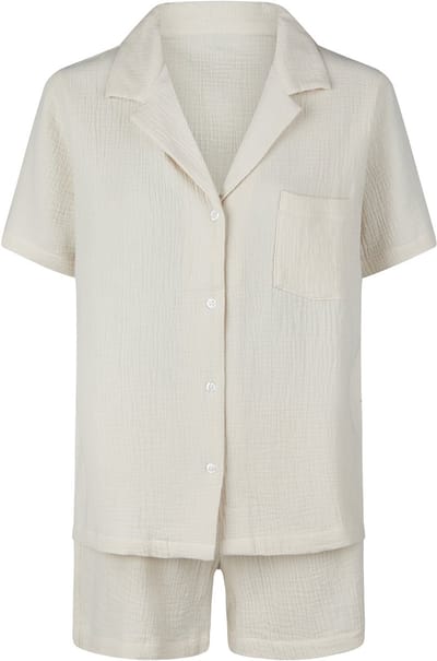 By Louise Dames Korte Pyjama Set Mousseline Shortama Beige - Maat S