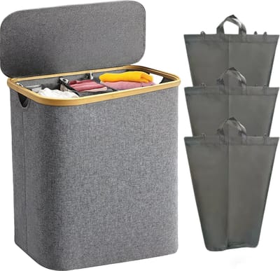 Wasmand met 3 vakken geschikt voor badkamer, slaapkamer en balkon – met deksel, grote inhoud van 160 liter – voor gescheiden opbergen – Grijs