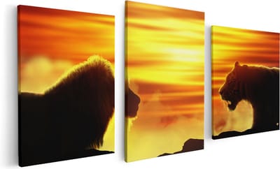 Artaza Canvas Schilderij Drieluik Leeuw En Tijger - Silhouet - Zonsopkomst - 120x60 - Foto Op Canvas - Canvas Print
