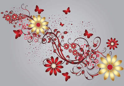 Fotobehang Flowers Butterflies Pattern Red | XXXL - 416cm x 254cm | 130g/m2 Vlies