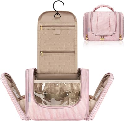 Famanu - Toilettas om op te hangen voor dames, 8,6 liter capaciteit, 5 vakken, make-uptas, wastas, schminktas, roze, mode