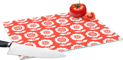 Glazen Snijplank - 39x28 - Bloemen - Patroon - Rood - Snijplanken Glas