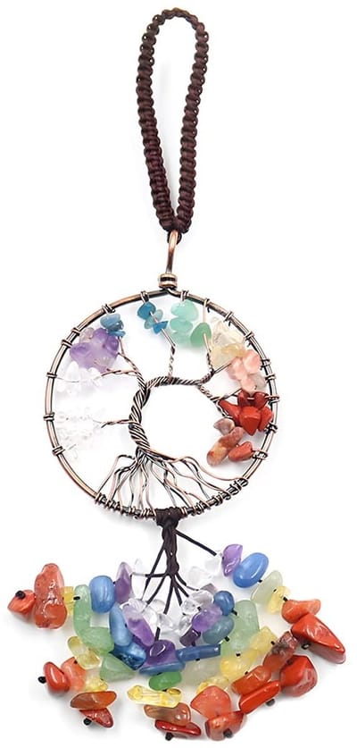 Cosensi- Achteruitkijkspiegel Hanger - 7 Kleuren Boom van het Leven - Kristallen en Metaal - Auto Accessoire - Wanddecoratie - 15 cm Diameter