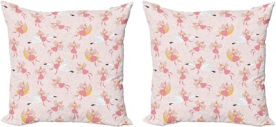 ABAKUHAUS Roze Decoratieve Kussenhoes, Set van 2, Vliegende Feeën Zwaan Maan, 40x40 cm, Roze Aarde Geel Roze