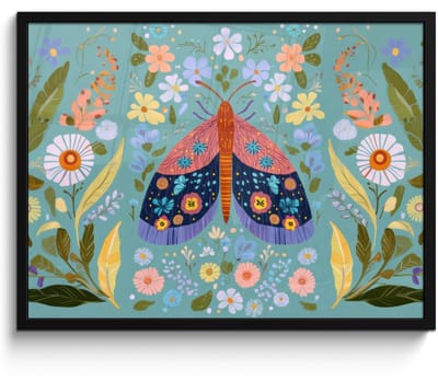 Poster in lijst - Fotolijst 70x50 cm - Posters - Vlinder - Sierlijk - Bloemen - Bladeren - Posterlijst zwart - Decoratie - Wanddecoratie woonkamer - Muurdecoratie slaapkamer