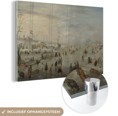® Glasschilderij 180x120 cm - Schilderij acrylglas - IJsvermaak - Schilderij van Hendrik Avercamp - Foto op glas - Muurdecoratie woonkamer - Wanddecoratie slaapkamer - Schilderijen