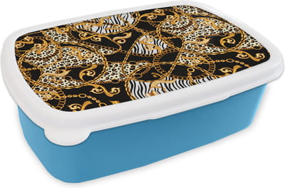 Broodtrommel Blauw - Lunchbox - Brooddoos - Ketting - Goud - Panter - Zebra - 18x12x6 cm - Kinderen - Jongen