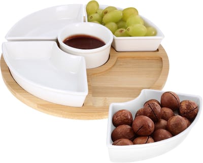 Cheffinger, Set van 4 Keramische Kommen met Bamboe Basis voor Snack Aperitief Ultra Duurzaam, Wit