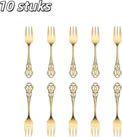10 stuks - Taartlepels - Vorken - Kleine vorken - Roestvrij staal - Dinervorken - Vintage gesneden bestek - Geschikt voor feesten, bruiloften, diners en diverse evenementen - 12.9 cm lang - Goudkleurig