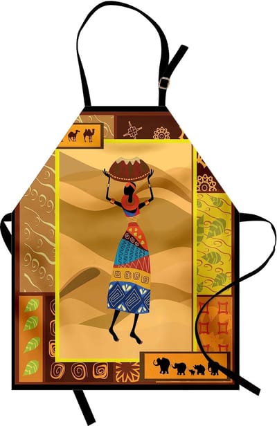 ABAKUHAUS Afrikaanse vrouwenkookschort met versierde, natuurgeïnspireerde motieven – kamelen en olifant; stijlvolle dame met kruik; kleurvast, in hoogte verstelbaar, wasbaar; heldere digitale afdruk, veelkleurig