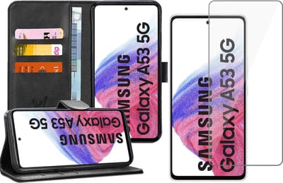 Hoesje geschikt voor Samsung Galaxy A53 - Book Case Kunstleer Wallet Cover Portemonnee Pasjeshouder Hoes Zwart - Tempered Glass Screenprotector