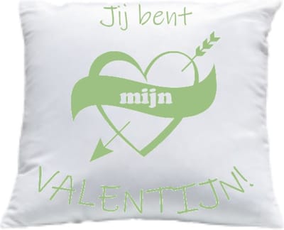 Kussen met vulling Kussenhoes met tekst "Jij bent mijn valentijn!" bedrukt Cadeau Kado | Wit Effen met Opdruk Sage Green (saliegroen) | 40x40 cm | Moederdag |