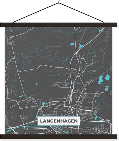 Posterhanger incl. Poster 60x60 cm - Schoolplaat - Langenhagen – Stadskaart – Blauw – Plattegrond – Stadskaart – Kaart - Duitsland - Textielposter - Zwarte latten - Stadskaart