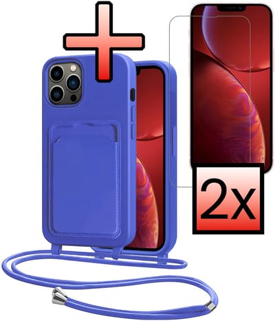 Hoes Geschikt voor iPhone 13 Pro Hoesje Pasjeshouder Cover Met Koord Case Siliconen Hoes Met Telefoonkoord en Kaarthouder Met 2x Screenprotector - Felblauw