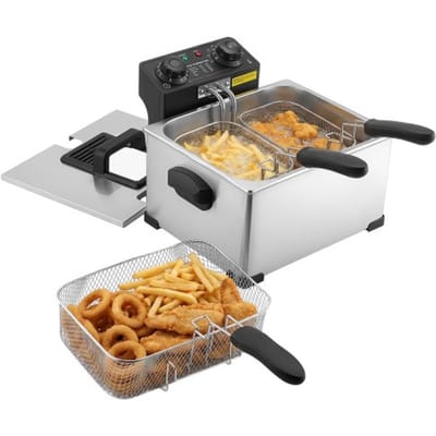 VEVOR Commerciële Elektrische Friteuse, 5,2 liter oliecapaciteit, 2500 W, roestvrij staal, tafelmodel met frituurmandjes (twee kleine + één grote), oververhittingsbeveiliging, temperatuurregeling en timer, zilverkleurig