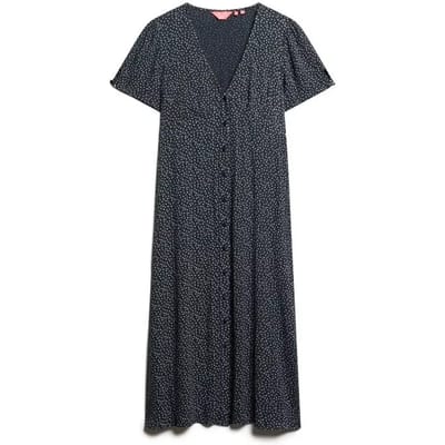 Superdry - Bedrukte midi-teadress met knopen en korte mouwen - Dames - Jurken