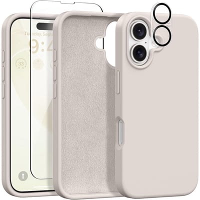 Stravo Siliconen Hoesje geschikt voor iPhone 16 Plus , Rotsgrijs, Met 1X Screenprotector + 1X Cameralensbeschermer, [Zachte Krasbestendige Microvezelvoering], Vloeibare Siliconen Schokbestendige Beschermende Telefoonhoes 6.7"