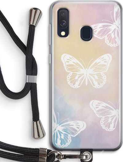 Case Company® - Hoesje met koord geschikt voor Samsung Galaxy A40 hoesje met Koord - White butterfly - Telefoonhoesje met Zwart Koord - Bescherming aan alle Kanten en Over de Schermrand