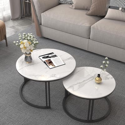 Ronde marmeren salontafel Set van 2 - Glanzend wit, gesinterd steen voor woonkamer en balkon