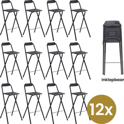 Alora Inklapbare Barkruk - Per 12 - Barkrukken Met Rugleuning - Opvouwbare Barkrukken Set Van 12 - Opklapbaar - Zwart - Outdoor - Barstoel - Klapstoel - Inklapbaar - Met Voetsteun - Camping - Barkruk Buiten