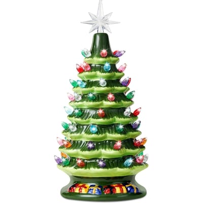 Kerstboom op Tafel, Vooraf Verlicht, Keramiek, Meerkleurige Lichten, Handgeschilderd, Kerstboom JOYFY 15 met 70 voor Entertainment, Spelen, Veilig, Kindvriendelijk, Plezier 15 inch