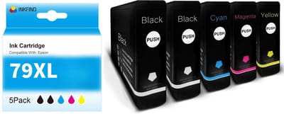 INKFIND 79XL inktcartridge 5 Pack (Zwart x 2 / Cyaan x 1 / Magenta x 1 / Geel x 1) compatibel met Epson T7901/T7901/T7902/T7903/T7904 (5 Pack) voor Epson WorkForce Pro WF-4630DWF WF-4640DTWF WF-5110DW WF-5190DW WF-5620DWF WF-5690DWF - 5-pack BK/C/M/Y
