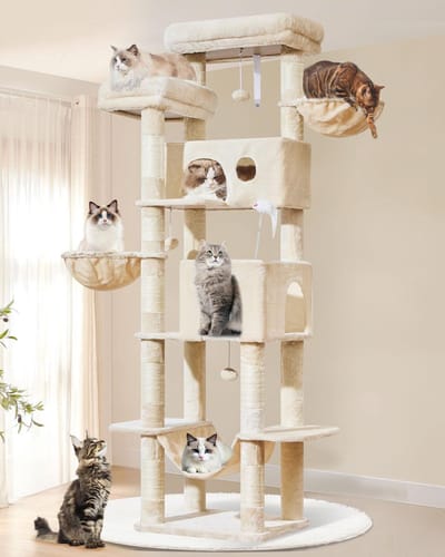Krabpaal, 193CM Krabpaal Grote Kat XXL met 7 Krabpalen, 2 Ruim Grotten, 2 Mand, Hangmat, Pluche Ballen MS046M Beige