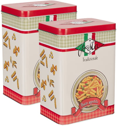 Excellent Houseware Pasta / spaghetti bewaarblik Nostagia - 2x - rood - metaal - Italiaans - 13 x 9 x 18 cm - voorraadblik